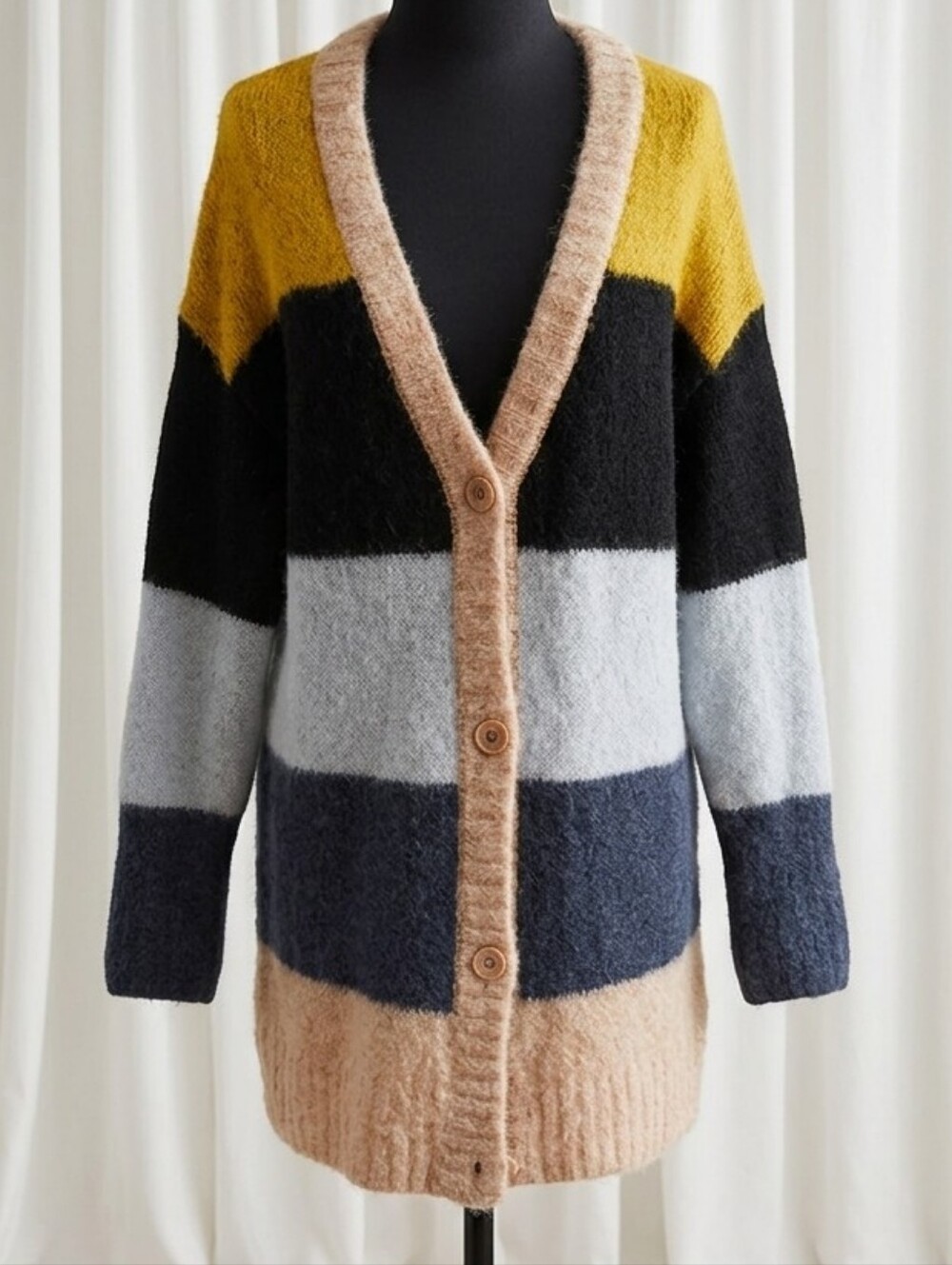 COS Alpaca Blend Cardigan featuring a multicolored stripe pattern and V-neck.